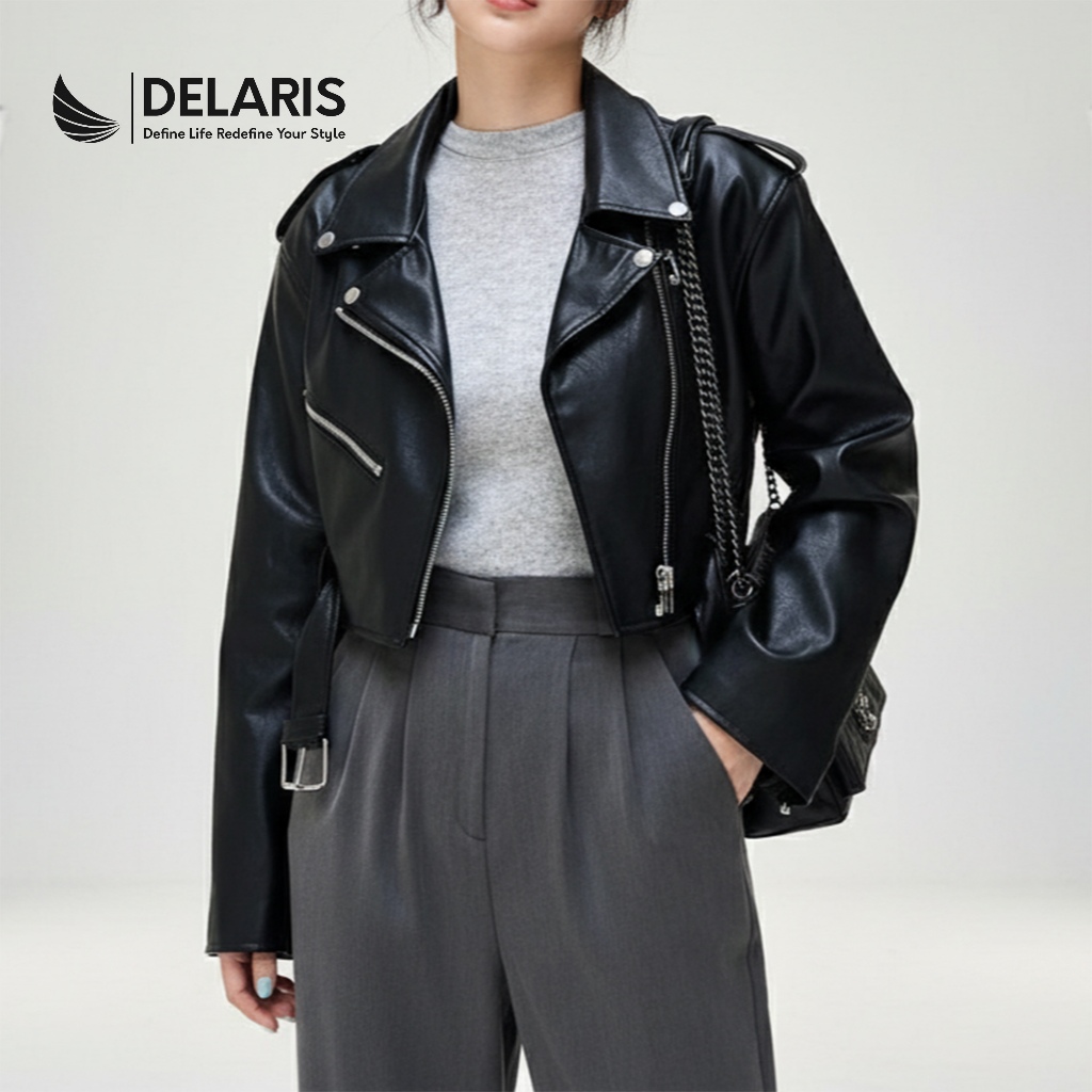 Delaris Jaket Crop Wanita Bikers Kulit Sintetis Vienna Hitam