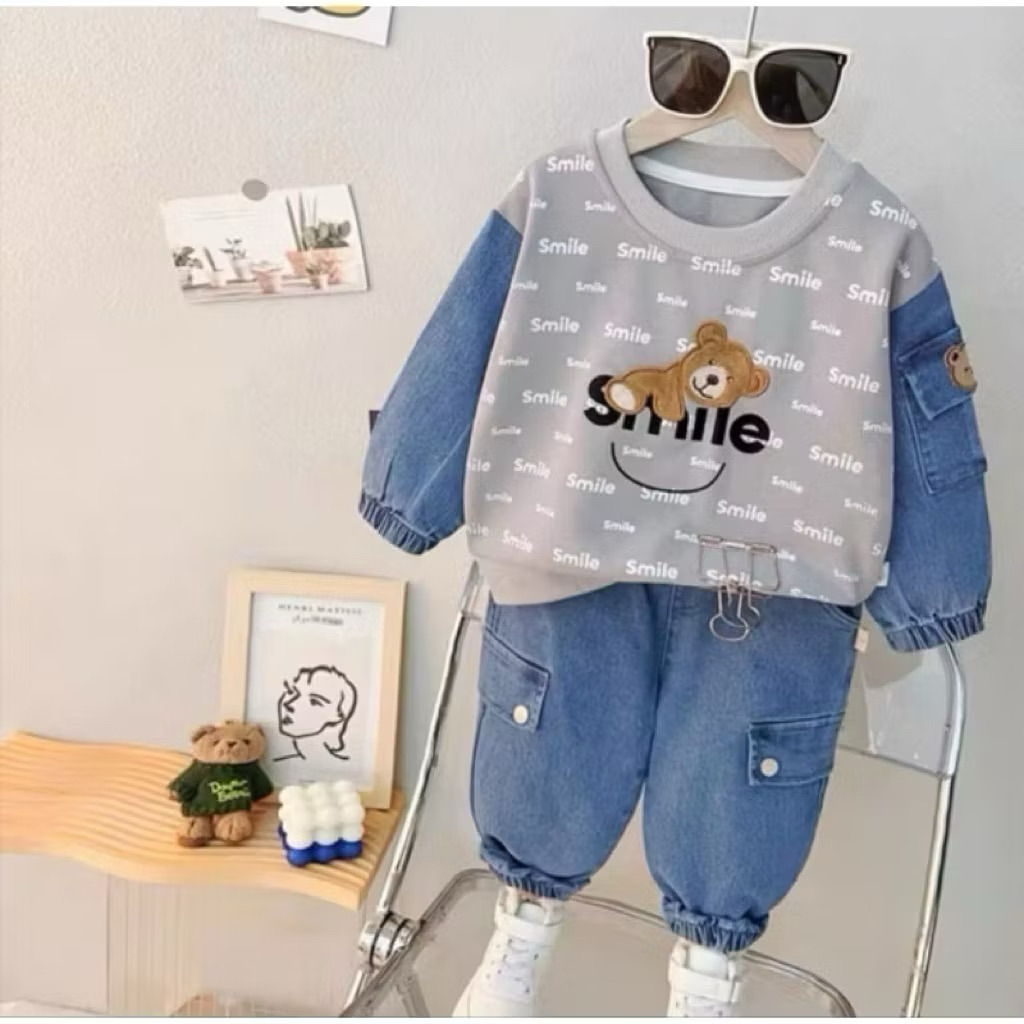 Setelan kaos panjang dan celana denim panjang anak laki-laki / setelan sweater salur anak laki-laki 
