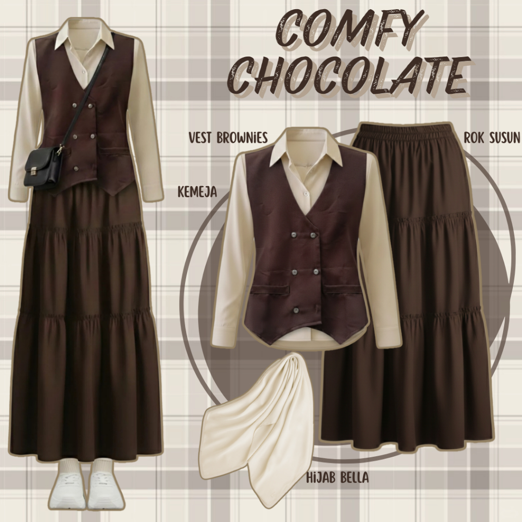 Setelan Wanita Kemeja Cream + Vest Brownies + Rok Susun | One Set Remaja Kekinian Hijab Friendly
