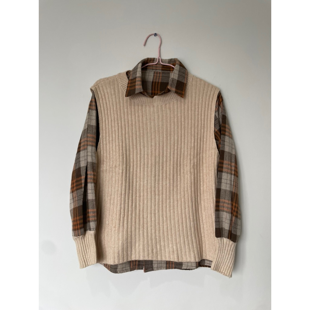 One Set Setelan Kemeja Vest Rajut Formal Casual Atasan Motif Kotak Lengan Panjang Premium Mewah Top 