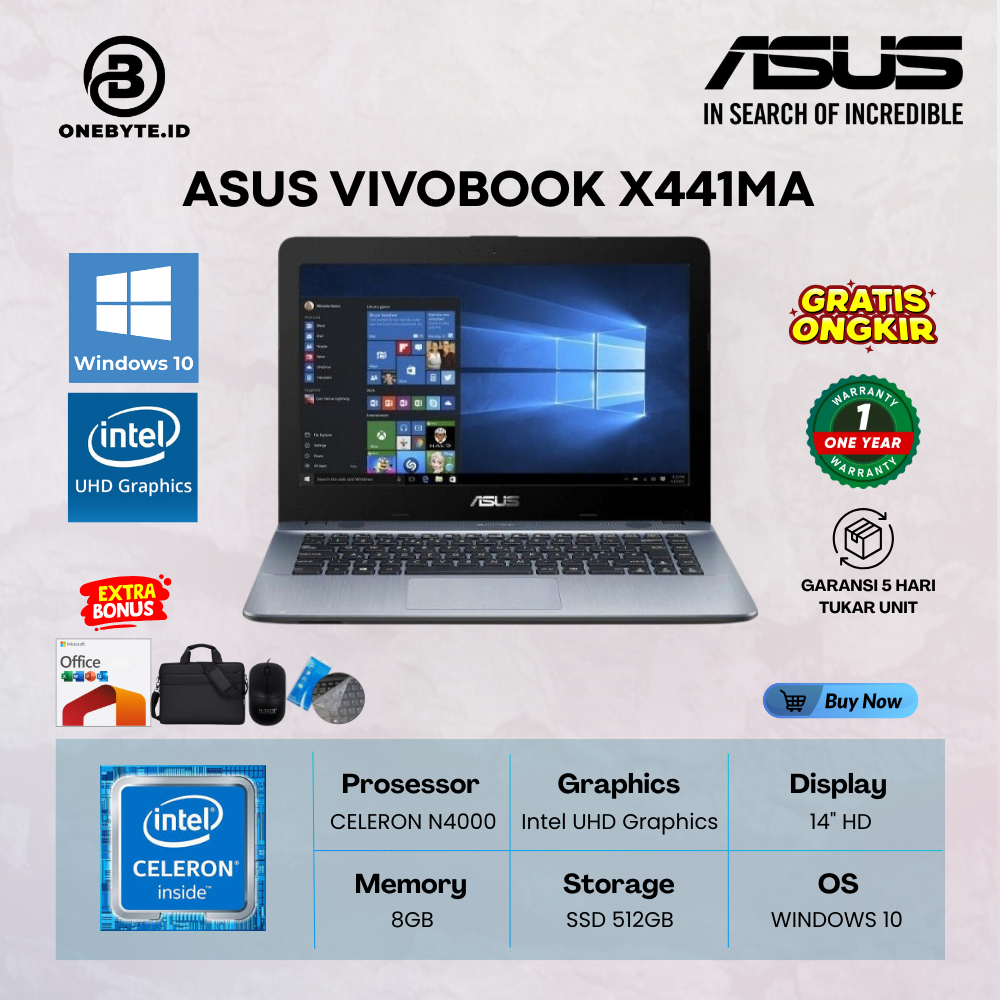ASUS VIVOBOOK X441MA CELERON N4020 RAM 8GB SSD 512GB 14.0" HD DVD-RW