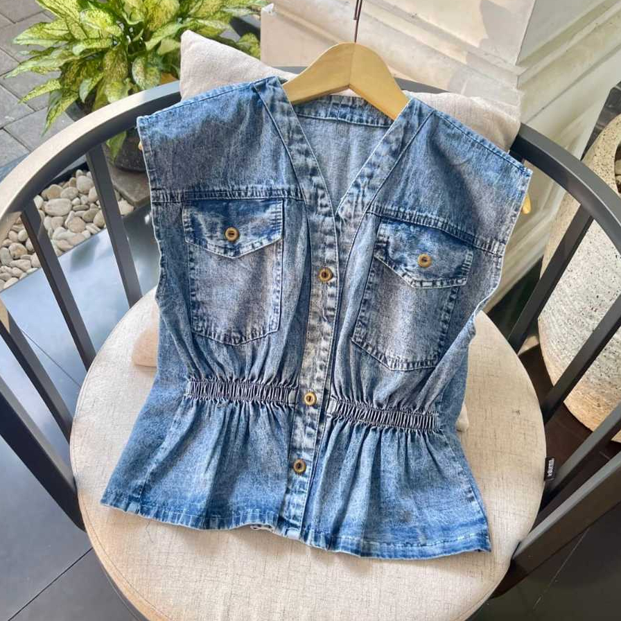 grosir_solo || ZORA VEST OUTER WANITA TANPA LENGAN / VEST JEANS KOREAN VINTAGE / ROMPI JEANS KARET P