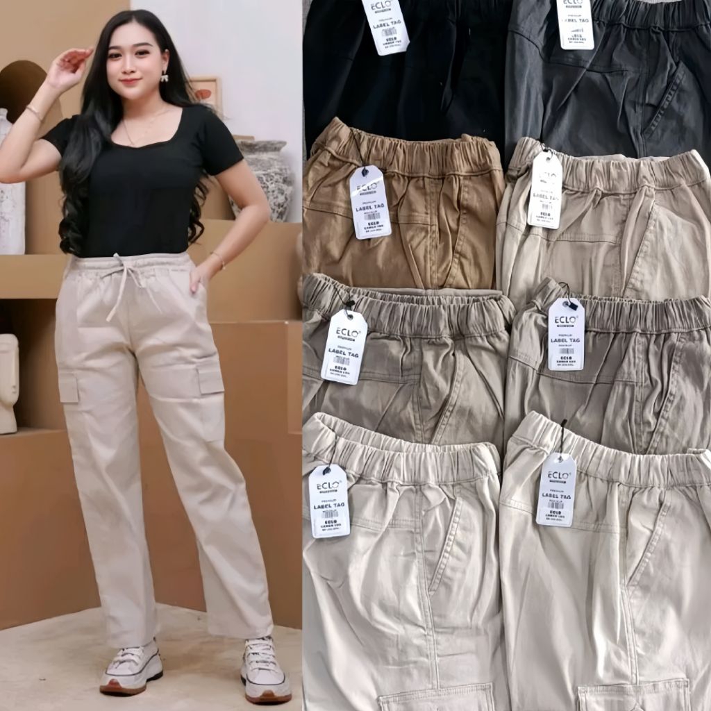 Eclo cargoCewek Celana Panjang Cewek Celana Chinos Cargo Cargo Pinggang Karet