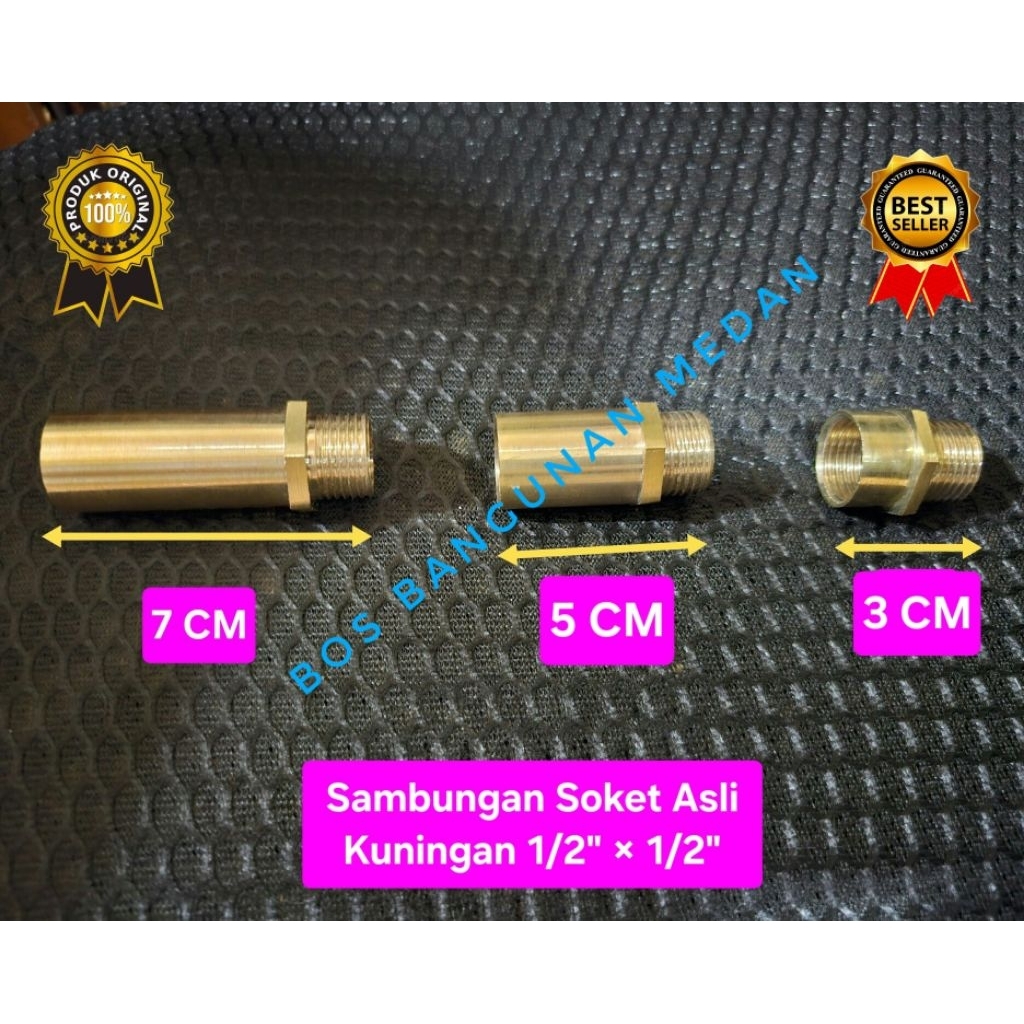 Sok Kran Panjang Drat Luar Dalam 1/2" × 1/2" Asli Kuningan Sock Kran Panjang Kuningan Asli Drat Dala