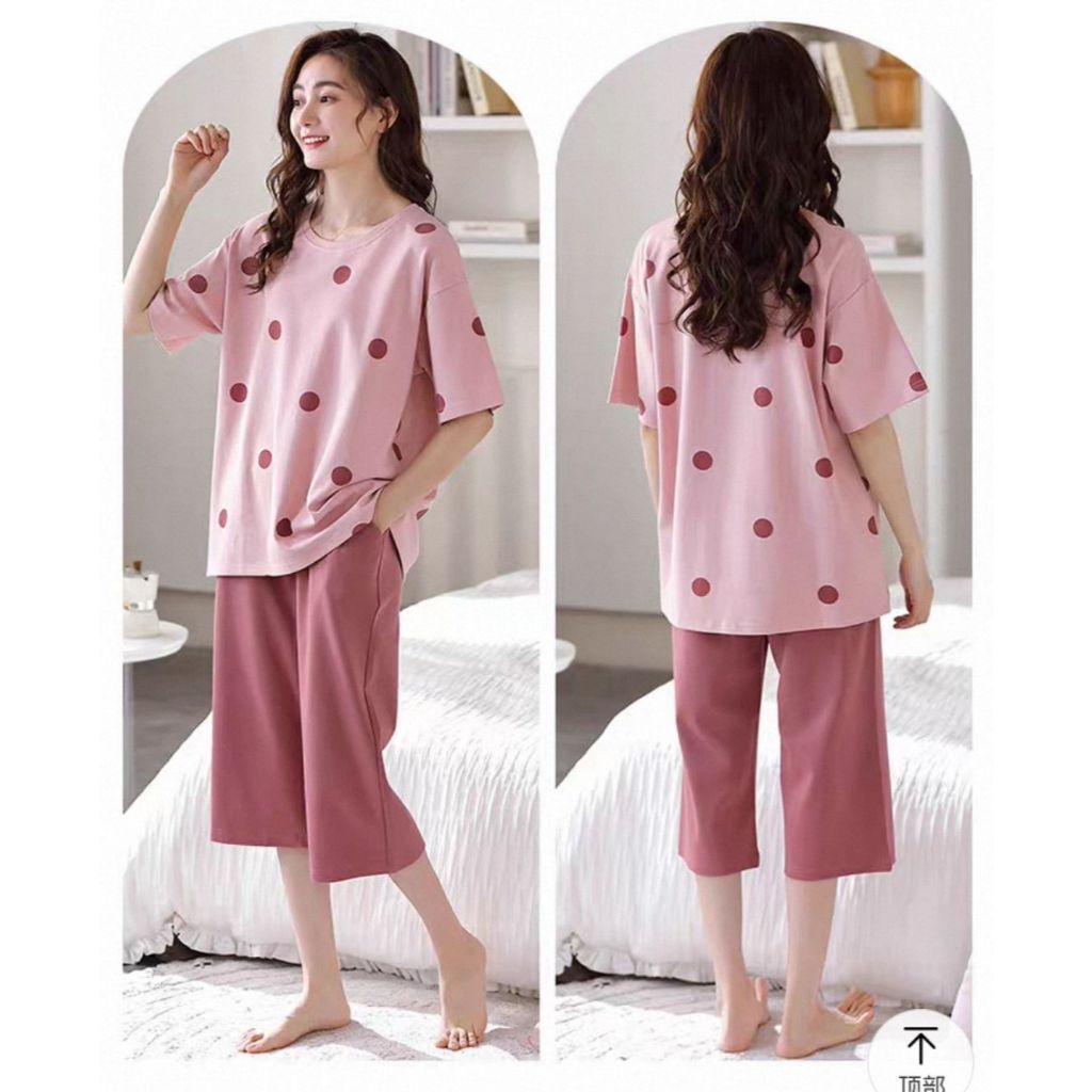 BAJU TIDUR WANITA KAOS KATUN IMPORT POLOS SETELAN CELANA 7/8 SELUTUT