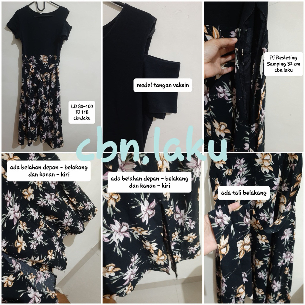 Dress Korea Hitam Motif Bunga Tangan Vaksin
