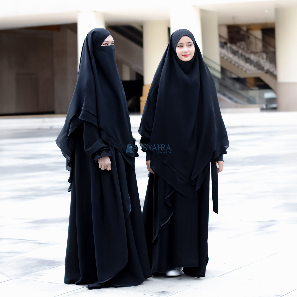 Alsyahra Exclusive French Khimar Lancip V Ayumi 2 Layer Sifon Silk Jetblack Arab