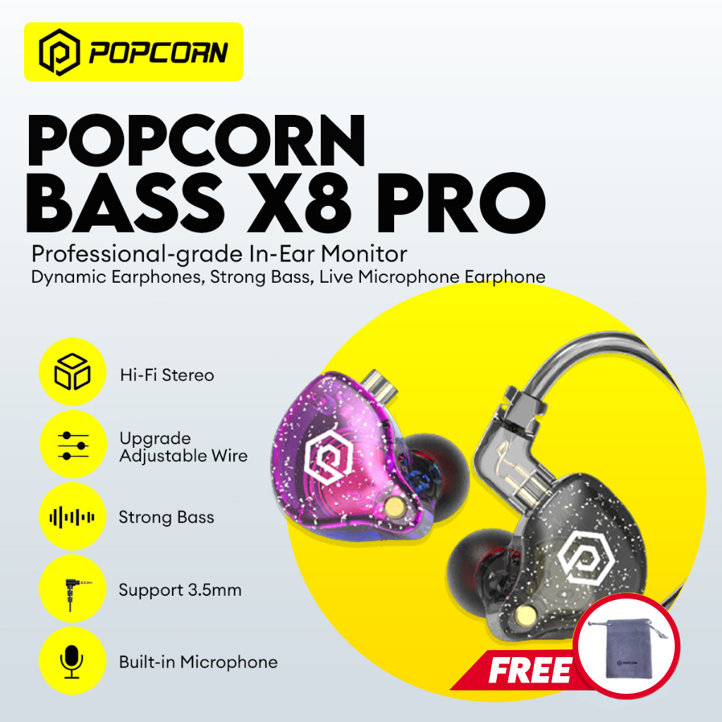 Popcorn Bass X8 Pro Dynamic Earphone HiFi Bass In-Ear Monitor Earbuds Live Stream Earphones Removabl