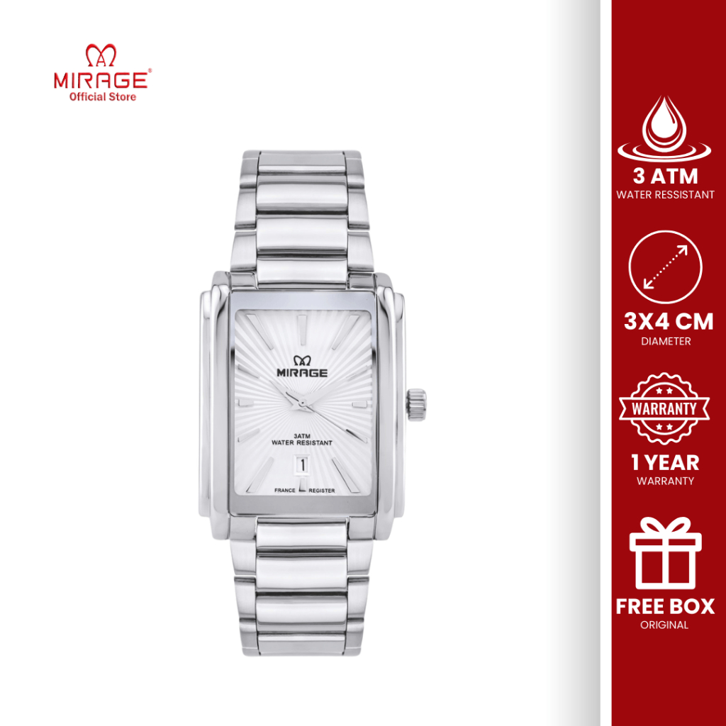 Mirage Jam Tangan Analog Kasual Klasik Pria Anti Air Steel Silver Segi Original Bergaransi 8848 M