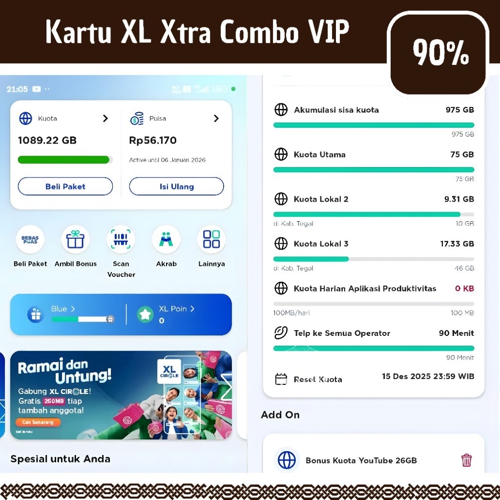 Kartu XL Xtra Combo VIP 90% XL Xtra Combo Plus 70%
