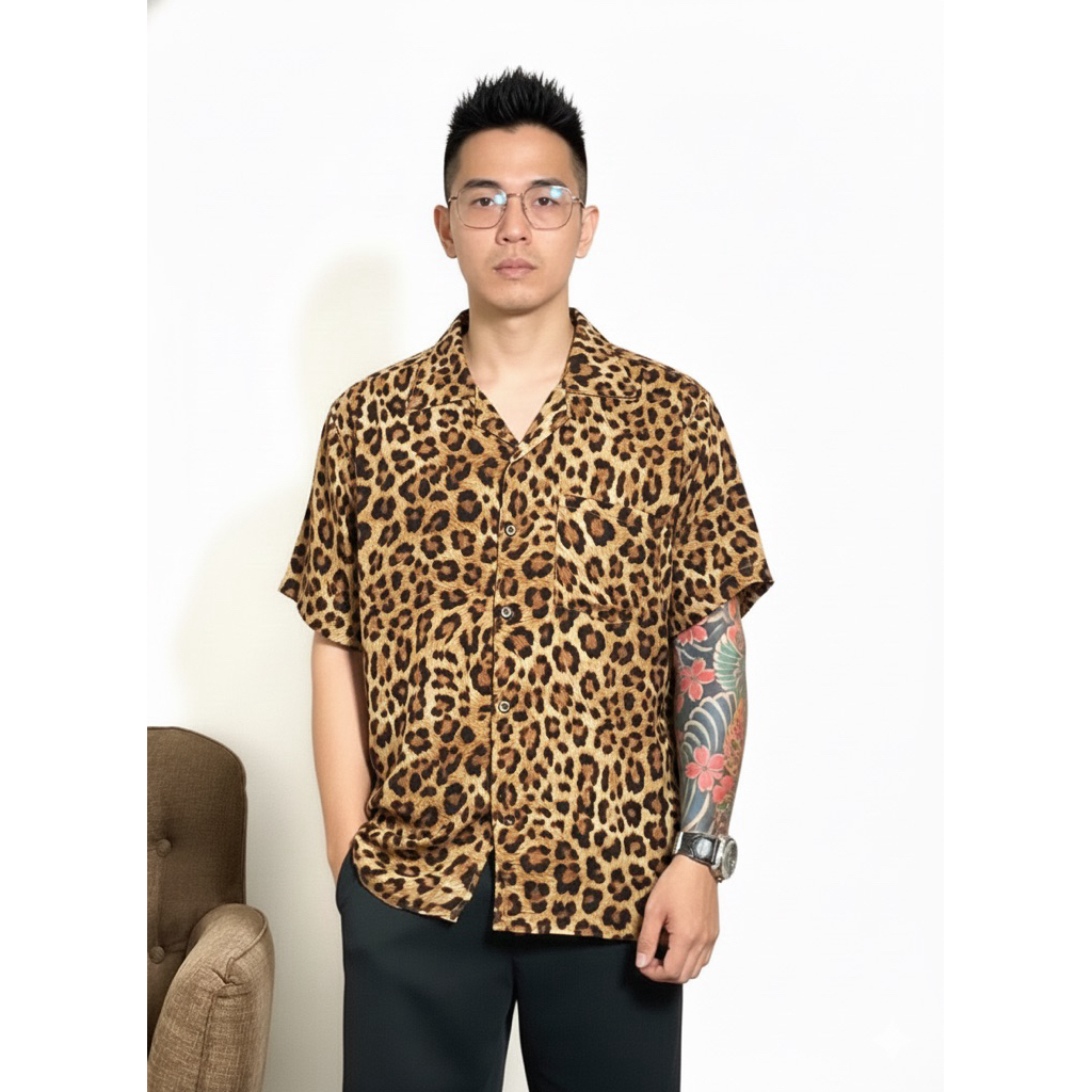 NRKY kemeja pria lengan pendek bahan adem motif leopard macan tutul unisex pria wanita