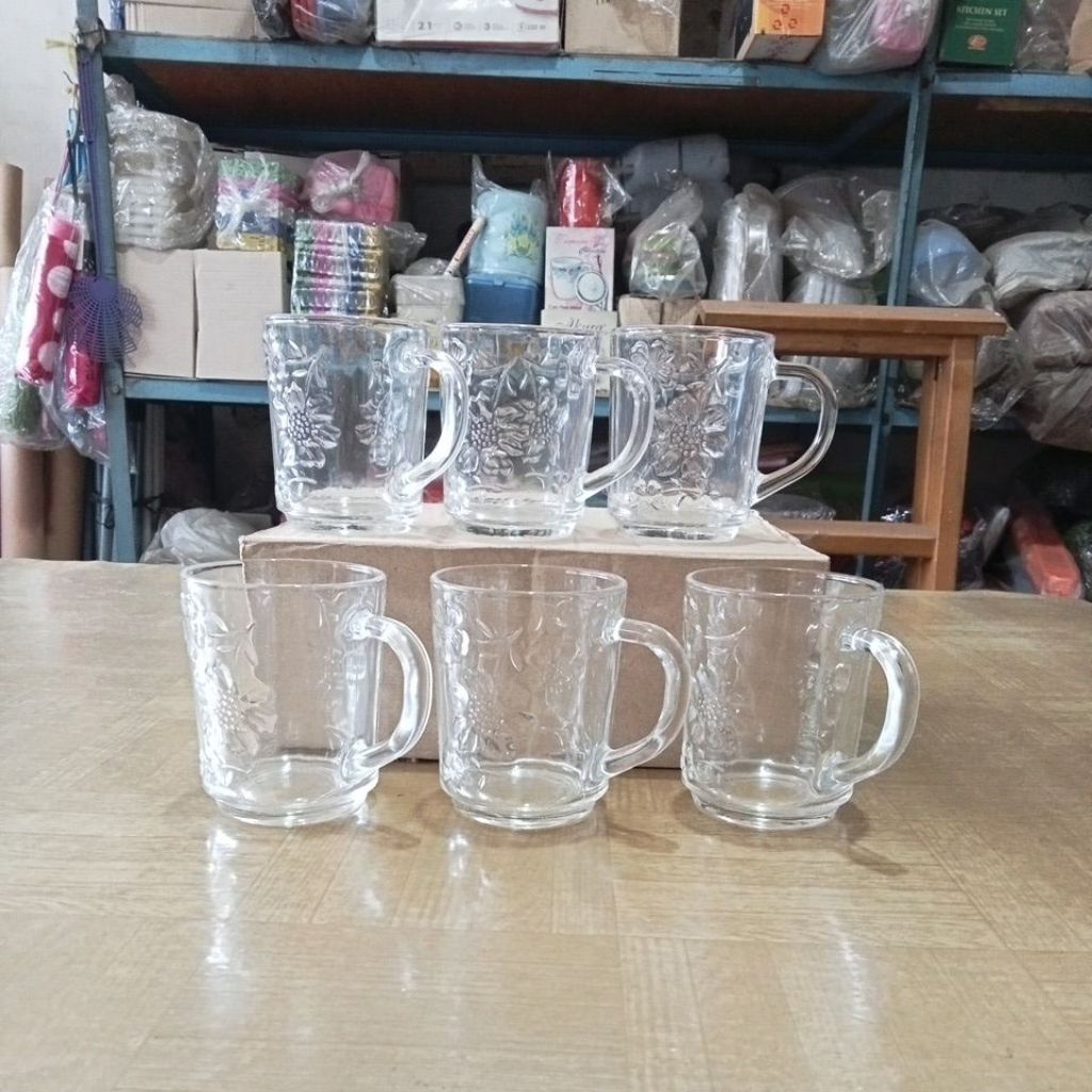 Gelas kopi kaca gagang motif bunga
