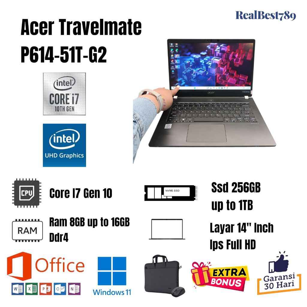 Laptop Acer Travelmate P614-51-G2 Touchscreen Core i7 10510u (10th Gen) Ram 16GB Ssd 1TB Layar 14in 