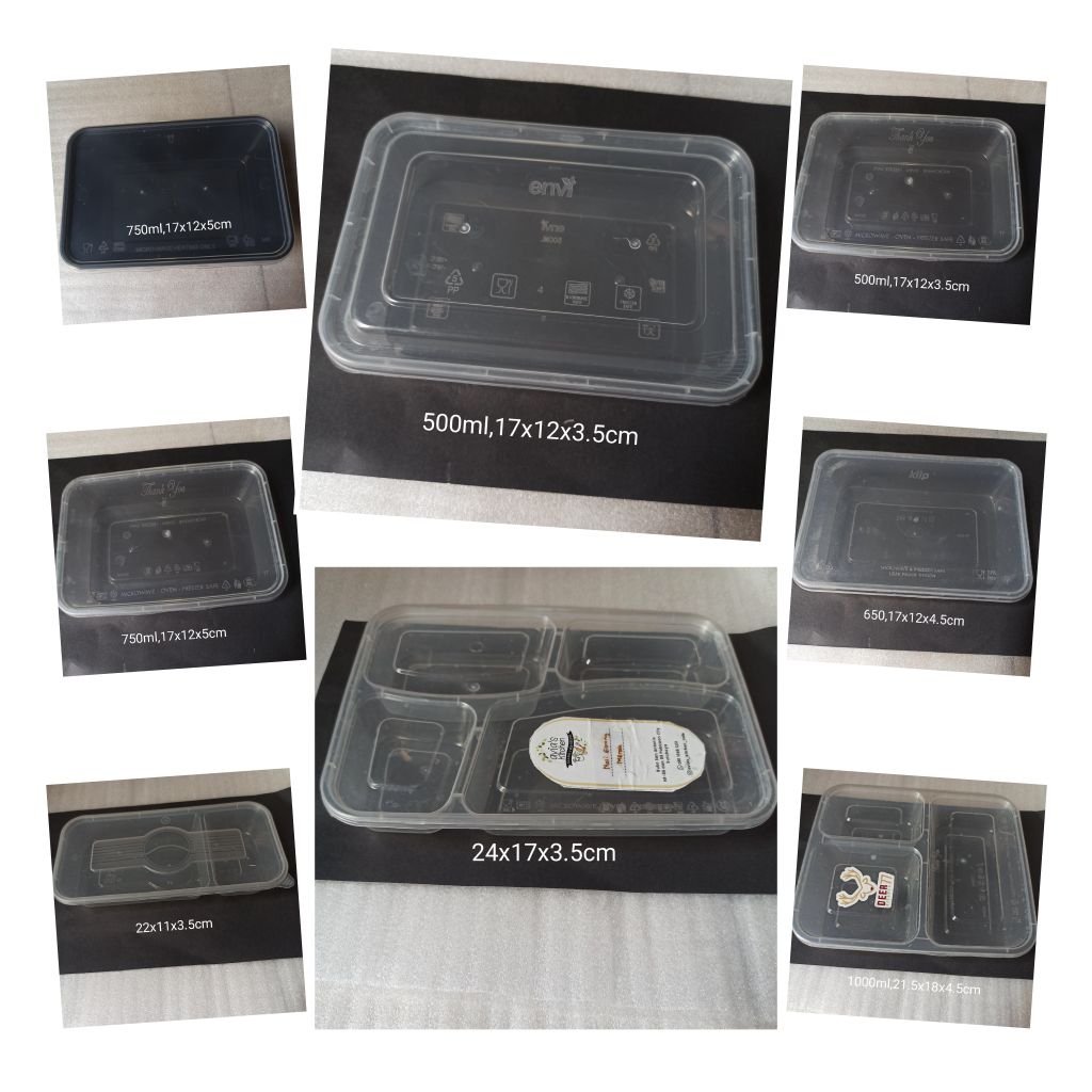 Preloved thinwall rectangle persegi 750,650,500ml / bento 2 sekat 3 sekat 4 sekat dengan tutupnya ko