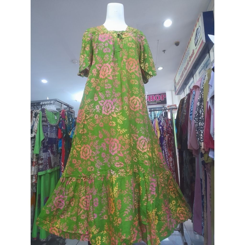 Daster fuji long leher karet lengan pendek bawah rempel  ld 110 pb 127 bahan rayon premium batik cap