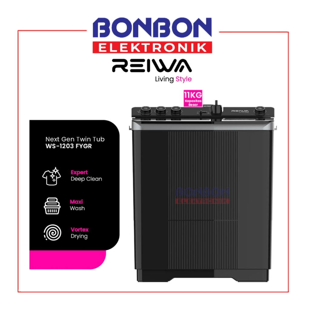 Reiwa Mesin Cuci 2 Tabung 11Kg WS-1203FYGR / WS 1203 FYaGR / WS 1203 Frosty Grey - Vortex Drying - G