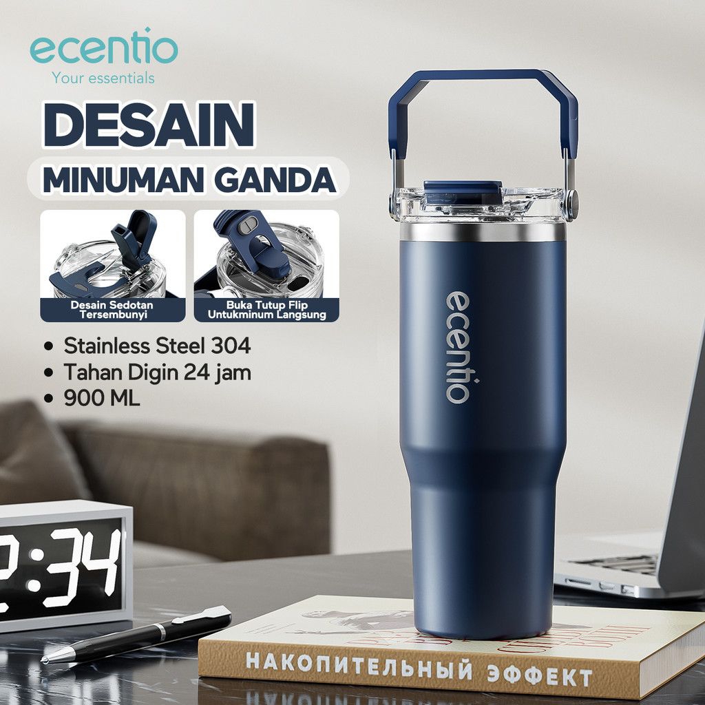 TUMBLER MINUM ECENTIO 900ML / BOTOL MINUM PANAS DINGIN ECENTIO 900ML STAINLESA STEEL
