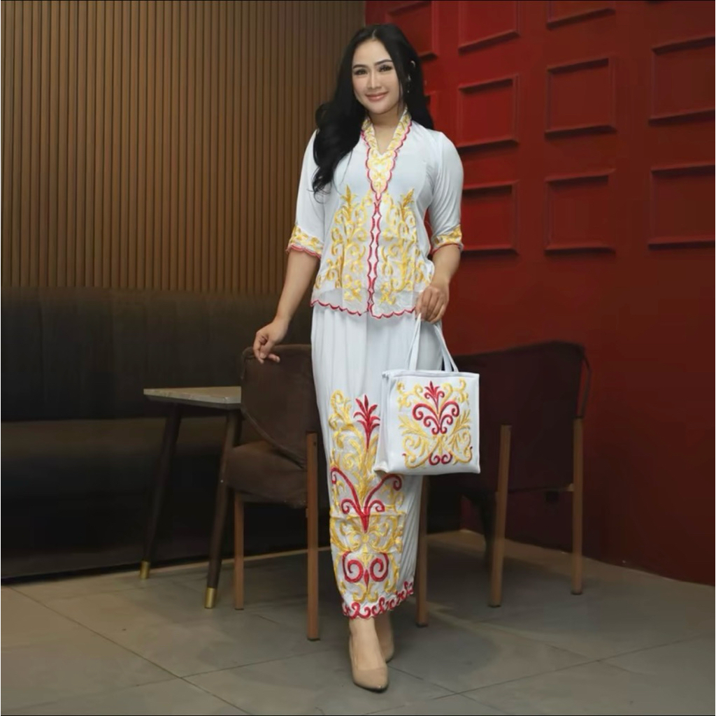 Kebaya Set Rok&Tas Motif Borneo Kebaya Bordir Lengan Sesiku Kebaya Wisuda Kebaya Acara Formal High P