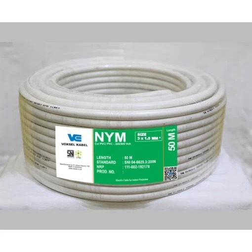 Kabel Voksel NYM 3x1,5 mm panjang 50 meter, SNI 04.6629.4 – 2006; SPLN 42-2 dan IEC 60227 -3.