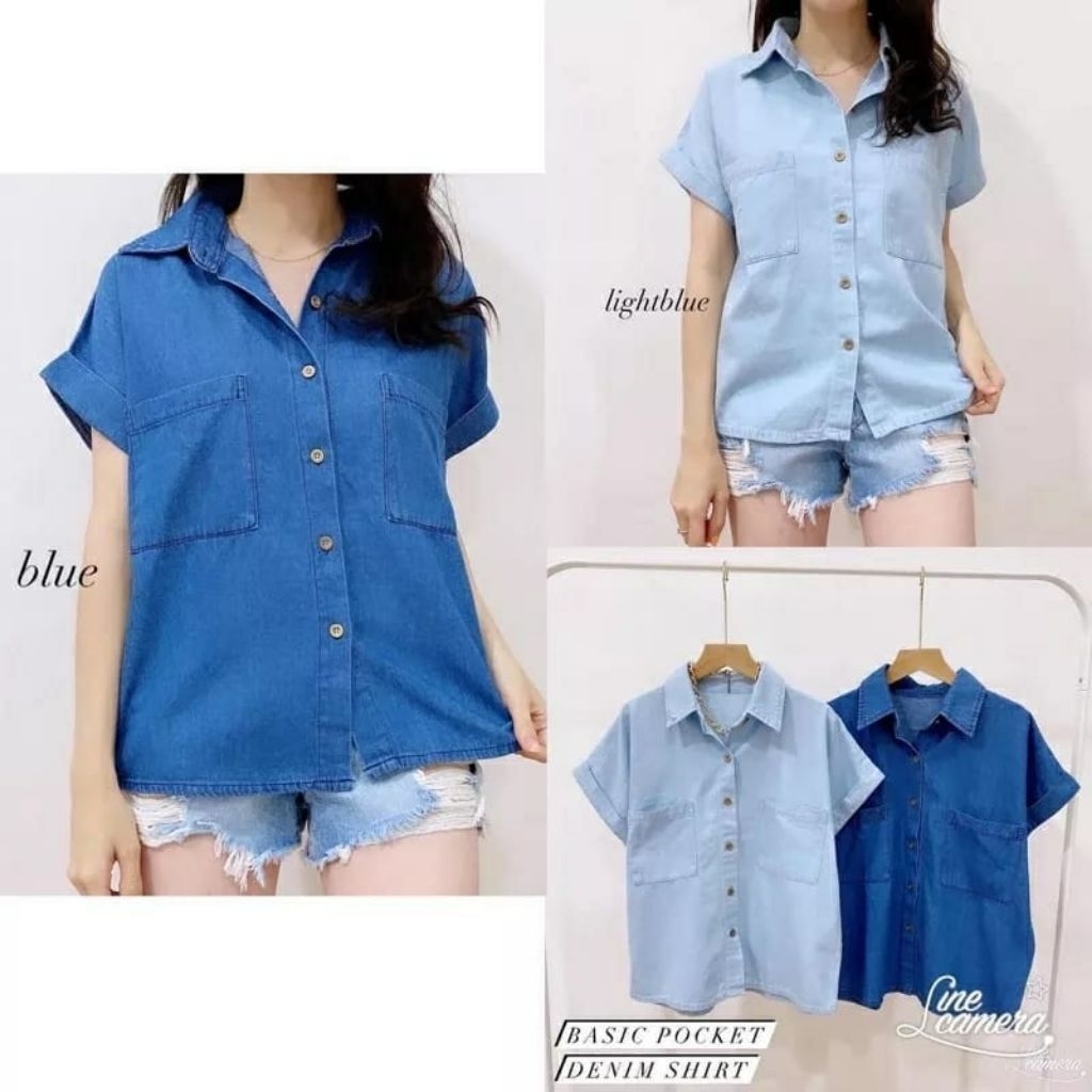 Kemeja Shirt Jeans Denim Wanita Atasan Wanita Lengan Pendek Kemeja Jeans Crop