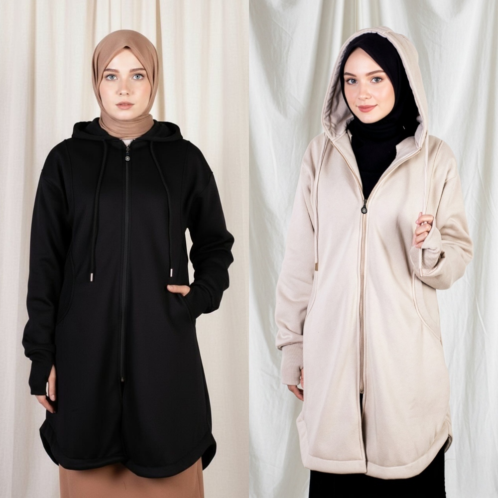 Jaket Hoodie Wanita Cewek Jacket Muslimah Syar'i Panjang Kekinian Fleece Hijacket ELK NEW