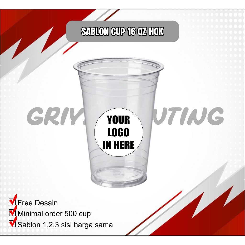 Sablon Custom Cup Plastik hok datar Tebal Ukuran 16 OZ, Sablon Custom Gelas Plastik datar harga pali