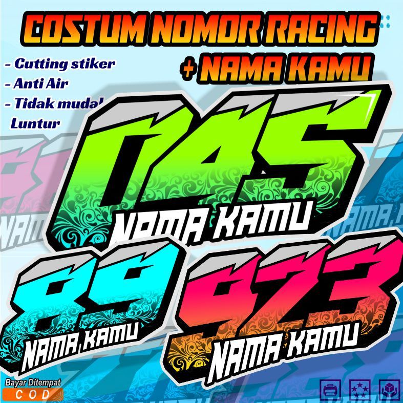 COSTUM STIKER NOMOR RACING DAN NAMA,CUTTING STIKER NOMOR RACING  DAN NAMA CETAK UV