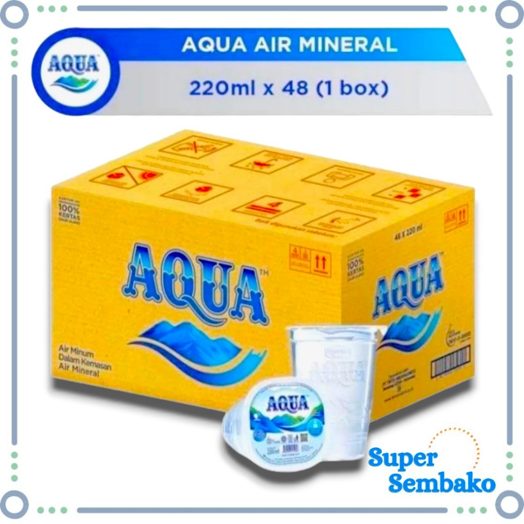 AIR MINERAL AQUA GELAS 220ml 1 DUS KARTON ISI 48 CUP GELAS GROSIR INSTANT MAKASSAR