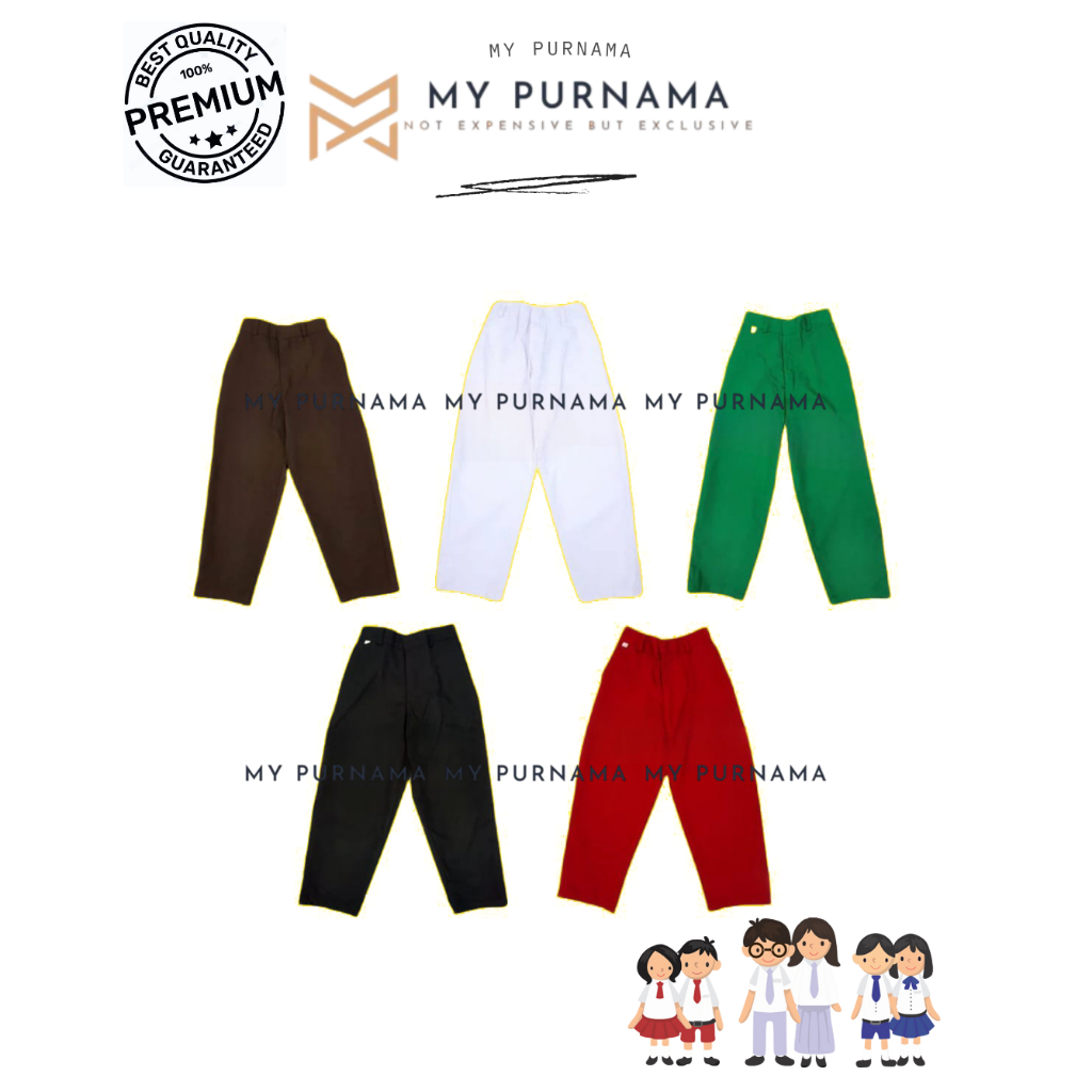 SERAGAM SEKOLAH CELANA PANJANG MERAH COKLAT HITAM PUTIH HIJAU SD TK SMP BAHAN DRILL