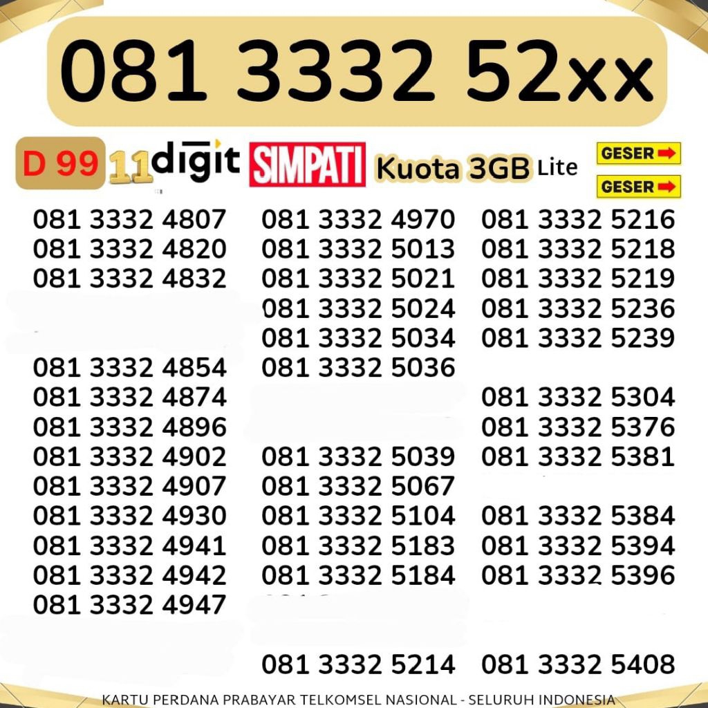 11 DIGIT  TELKOMSEL BONUS 3 GB NOMOR TRIPLE 3332 KUOTA INTERNET NOMOR CANTIK TELKOMSEL SIMPATI KARTU