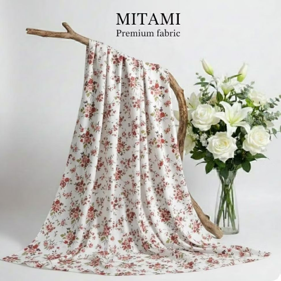 Kain Satin Maxmara Lux Motif Bunga Kecil Merah Pink Latar Putih Meteran (Harga Kain Per½ Meter)3R