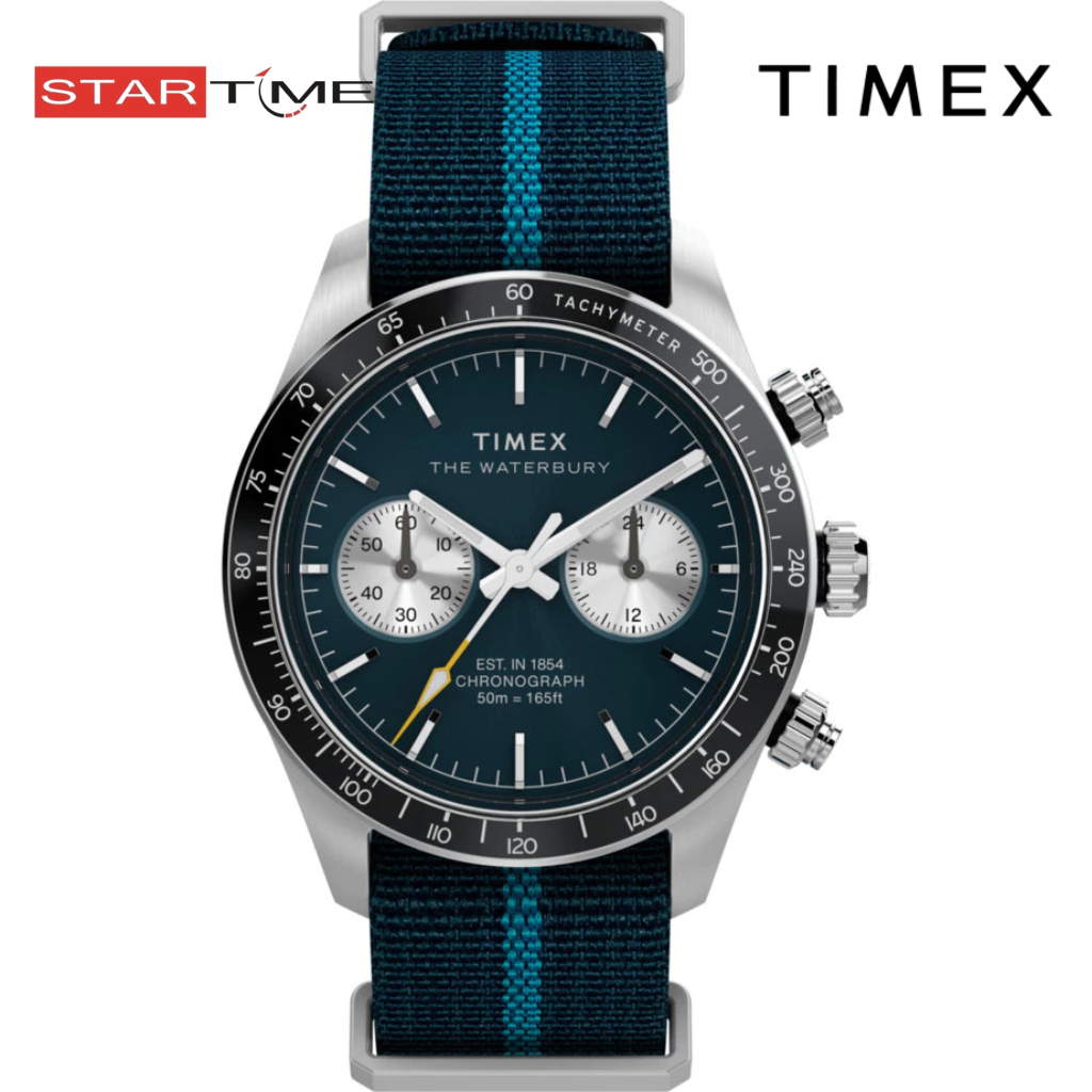 Jam Tangan Pria Timex TW2Y39000V5 The Waterbury Heritage Chronograph Dark Blue Dial Fabric Strap