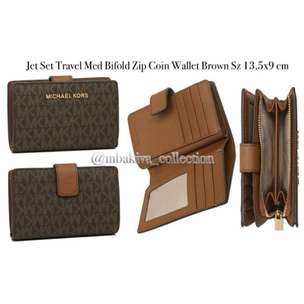 MK Jet Set Travel Med Bifold Zip Coin Wallet Brown