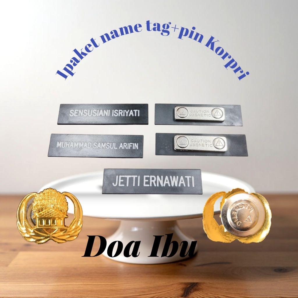 best seller name tag papan nama dada PNS hitam doff gravir + pin Korpri magnet