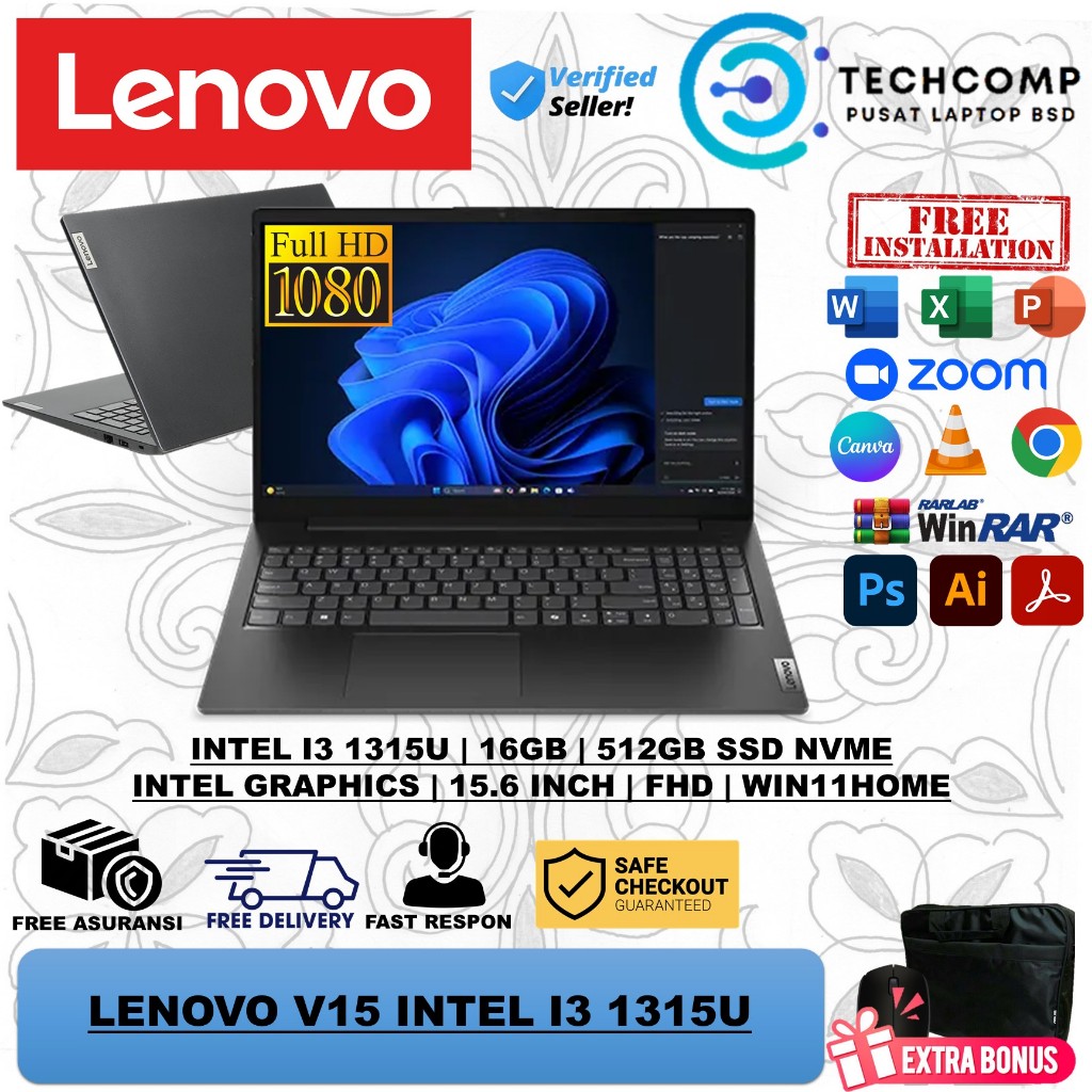 LAPTOP KERJA LENOVO V15 INTEL I3 1315U 15.6 FHD WINDOWS 11 HOME