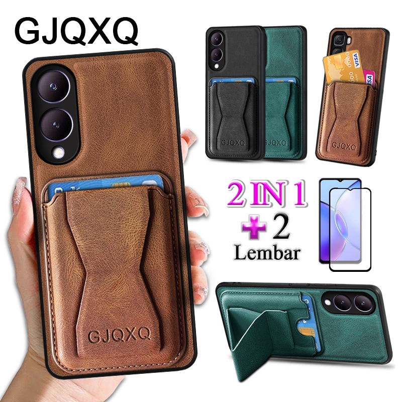 GJQXQ 2 In 1 Case For VIVO Y17S Casing Ponsel Kulit Premium Dengan Slot Kartu Kredit Dompet Dan Anti