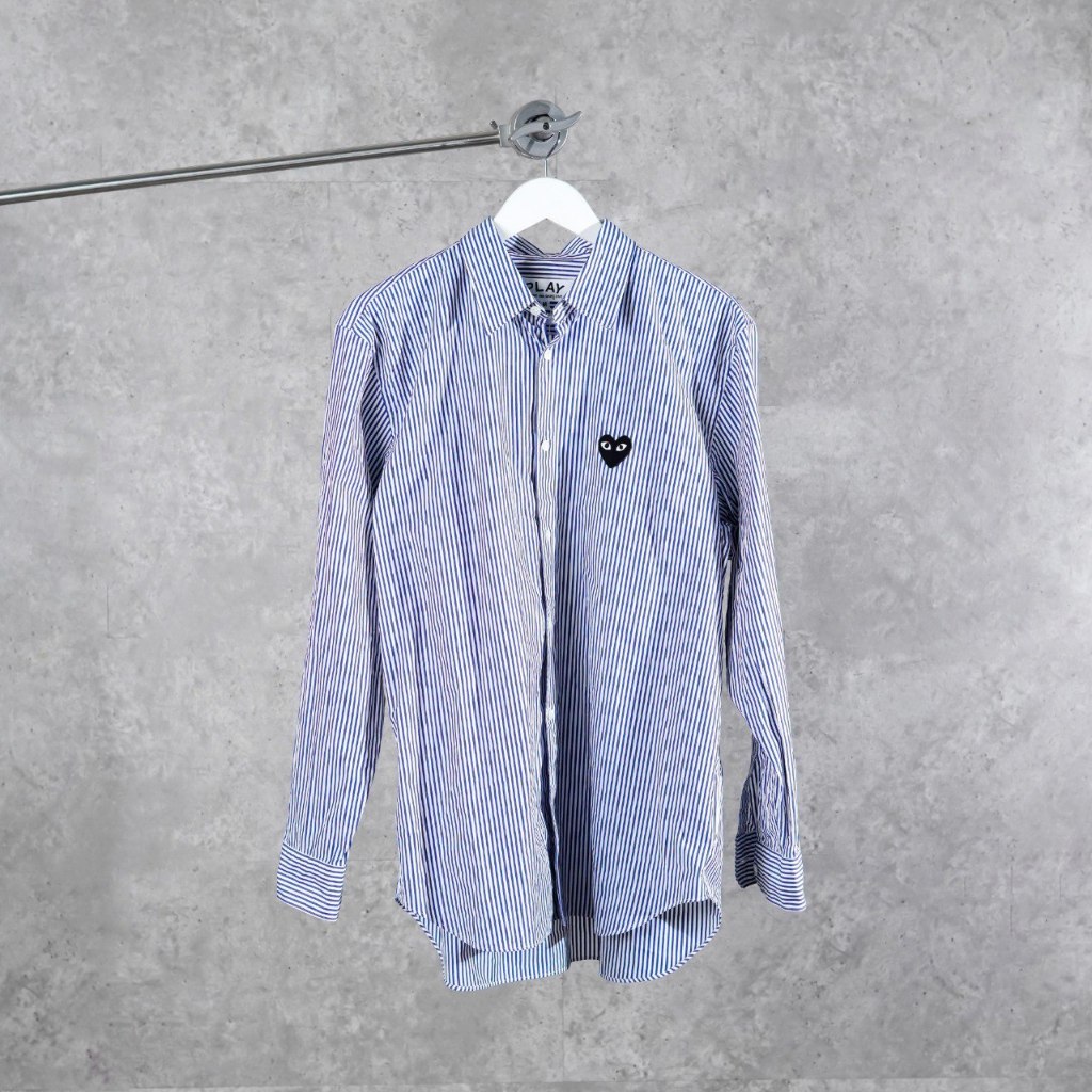Kemeja CDG PLAY HEART BLACK STRIPE NAVY LONG SHIRT 100% ORIGINAL