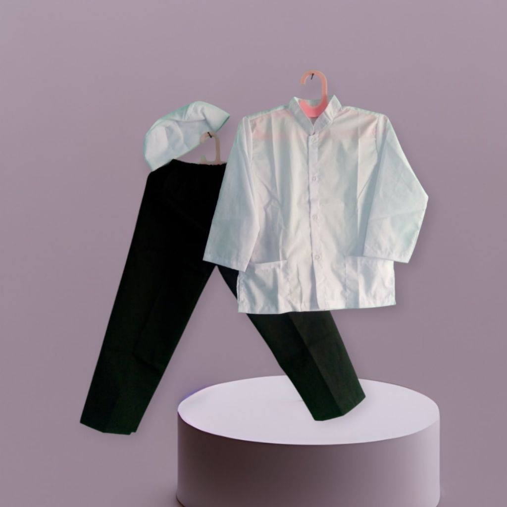 Seragam | Baju Muslim  Setelan  Koko Putih Celana Hitam