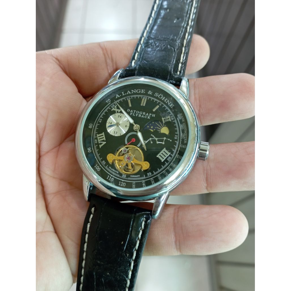 jam tangan pria otomatis Glashutte strap kulit vintage chrono dan moonphase siap pakai fungsi aktiv 
