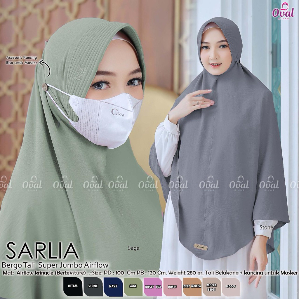 Sarlia Bergo Tali Original Oval Hijab Super Jumbo Jilbab Crinkle Airflow Hijab Instan Bergo Tali Ova