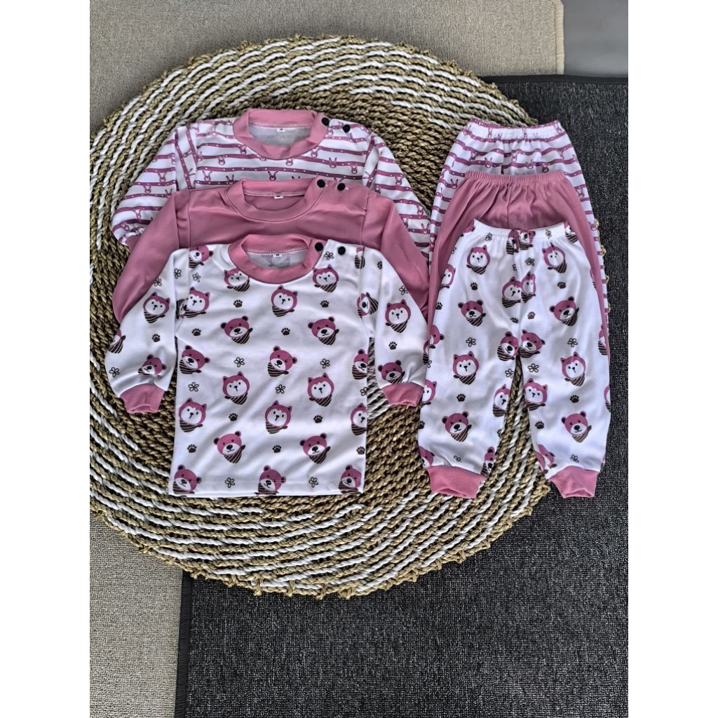 Paket Hemat 3 Setel Baju anak Model Oblong Piyama PREMIUM Lengan Panjang Usia 3-24 Bulan Semua Gende