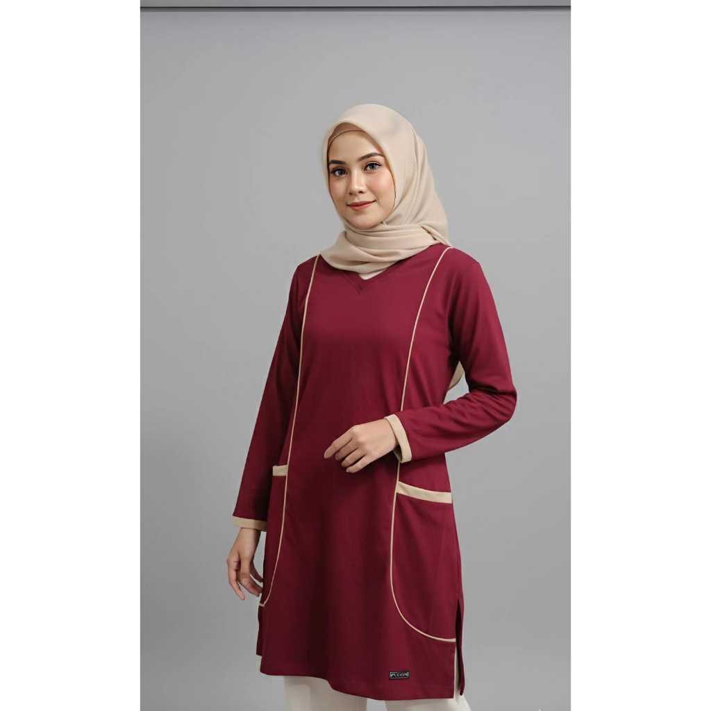 TUNIK KAOS WANITA KOMBINASI 2 WARNA LENGAN PANJANG MARUN CREAM MURAH
