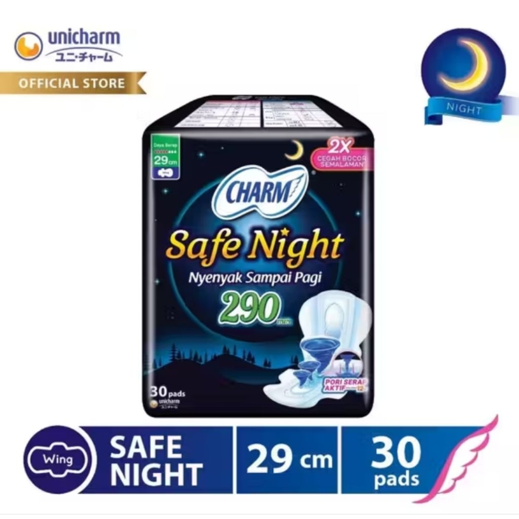 Charm pembalut safe night 29cm isi 30pads/Charm safe night pembalut malam 29cm isi 30pads