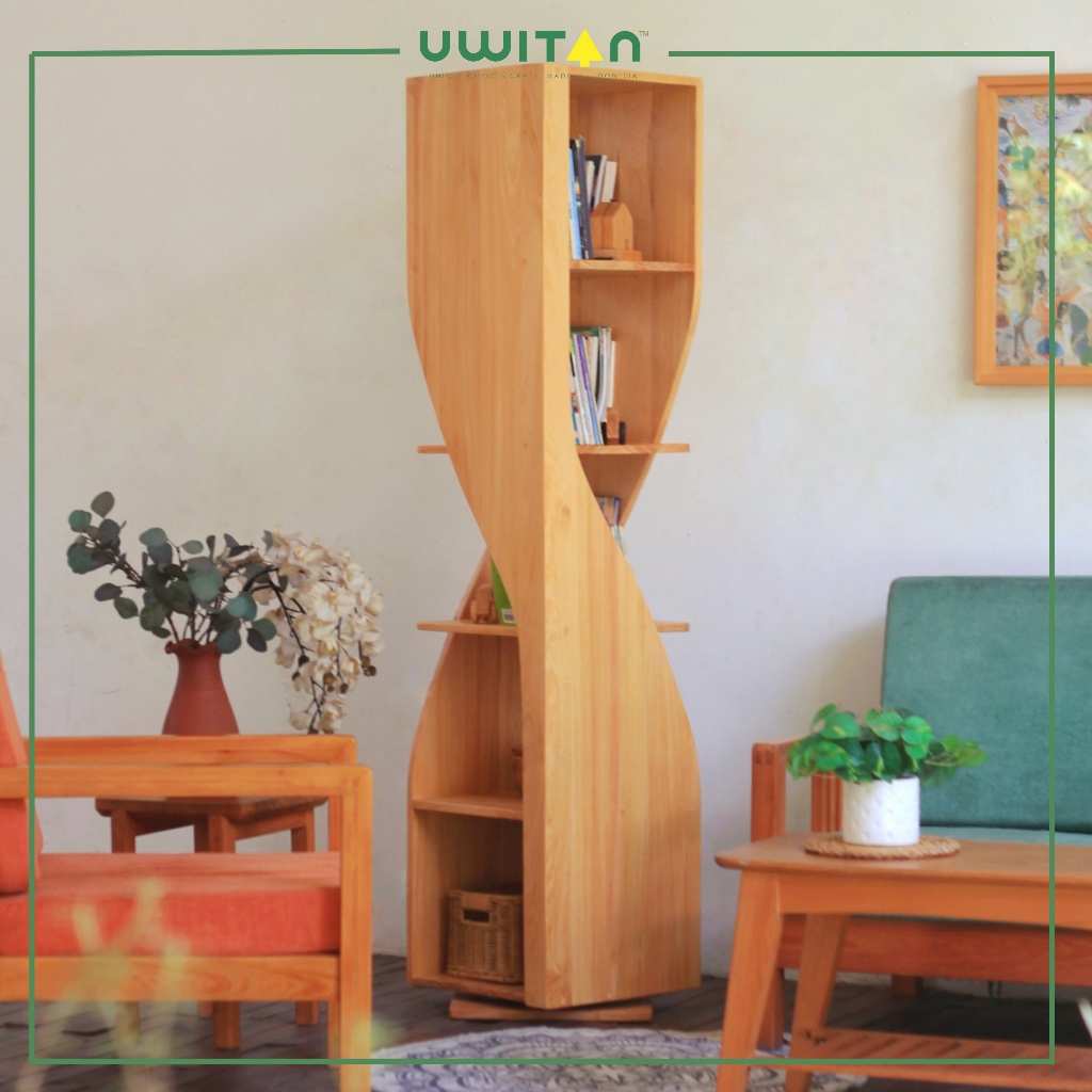 Uwitan Sejen Bookshelf – Rak Buku Bisa Putar Aesthetic Lemari Penyimpanan Buku Bahan Kayu Pinus Soli