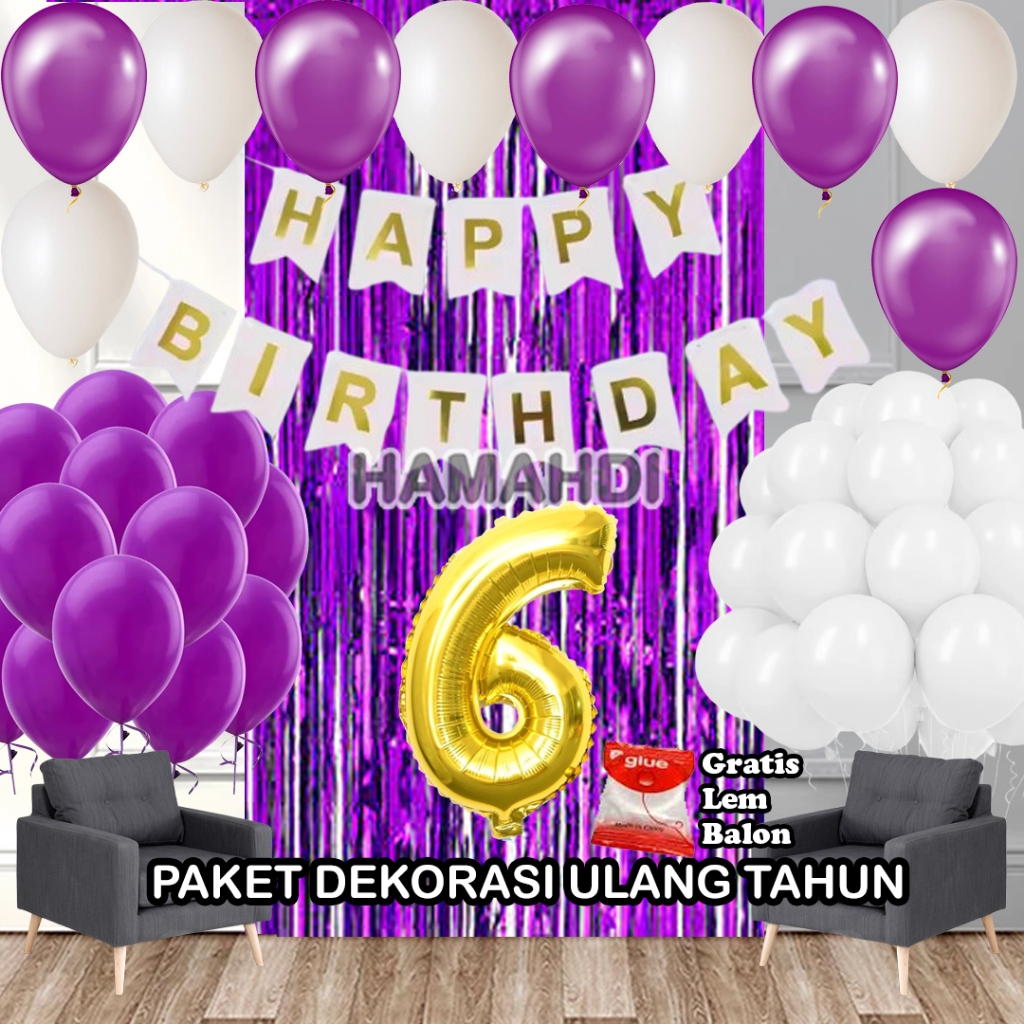 Paket Dekorasi Ulang Tahun Tirai Ungu Banner HBD Putih Balon Metalik Ungu dan Putih