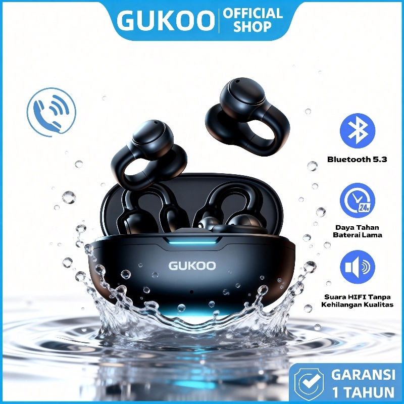 GUKOO Bluetooth Earphone Clip Terbaik - HIFI Bebas Kabel, Nyeraman Telinga, Baterai Tahan Lama - [GU