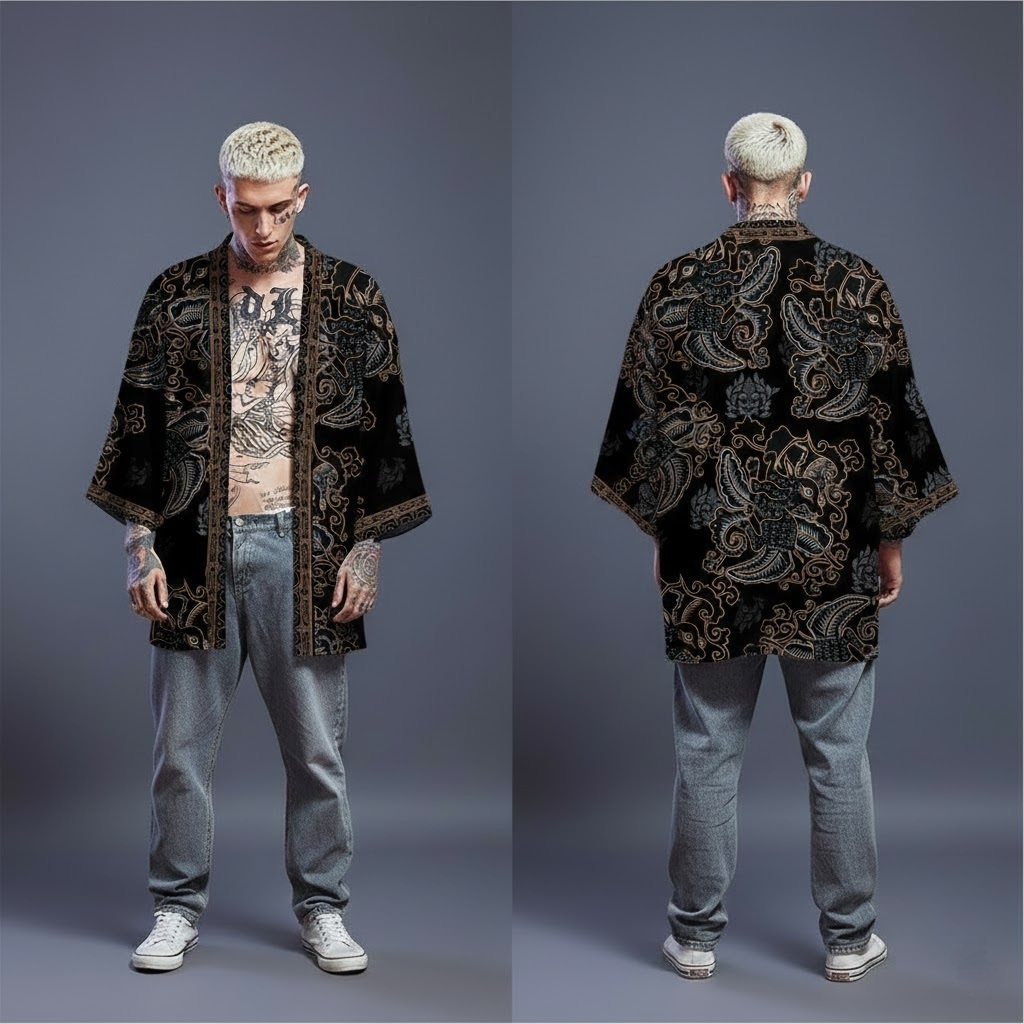 Kimono Haori Polyester Black Peacock Batik Classic Premium