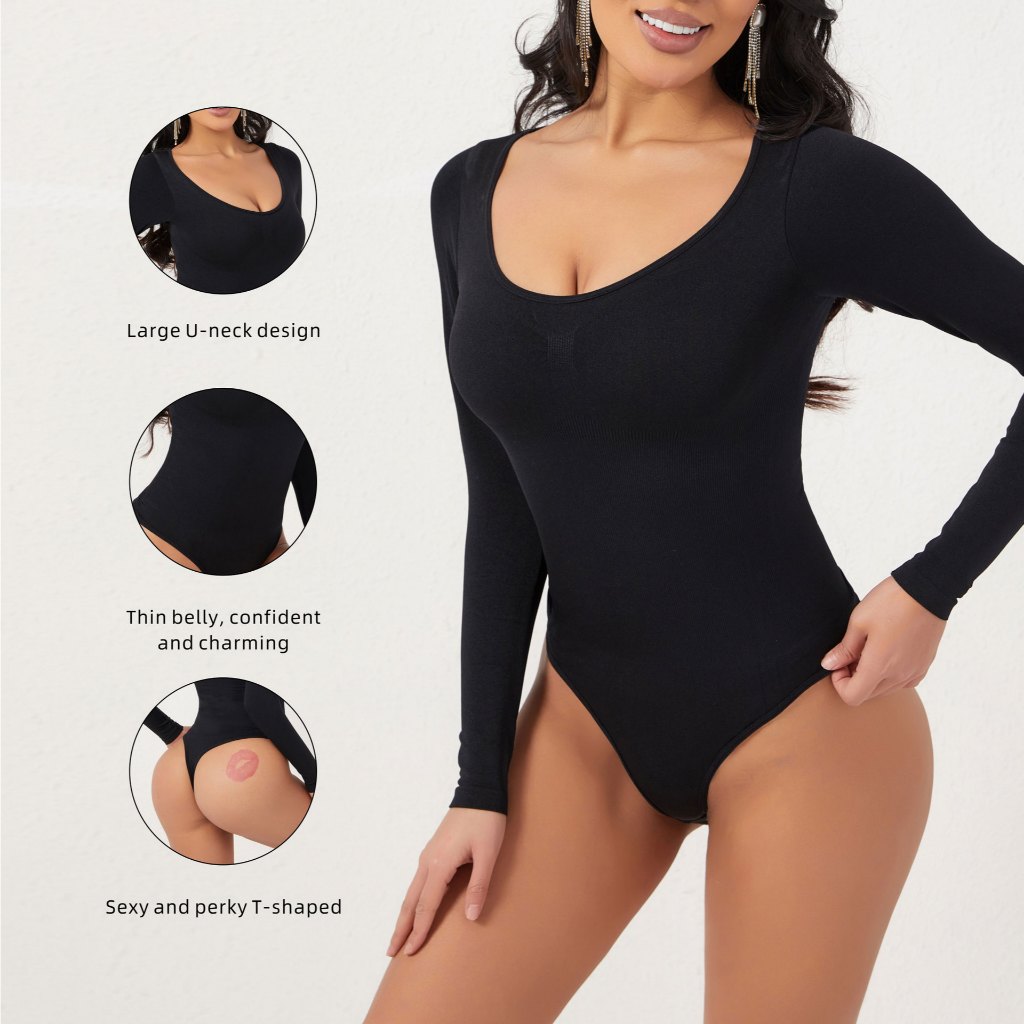 WaistQueen.id Women's Long Sleeve Slimming Corset Bodysuit - Seamless Jumpsuit with Thong