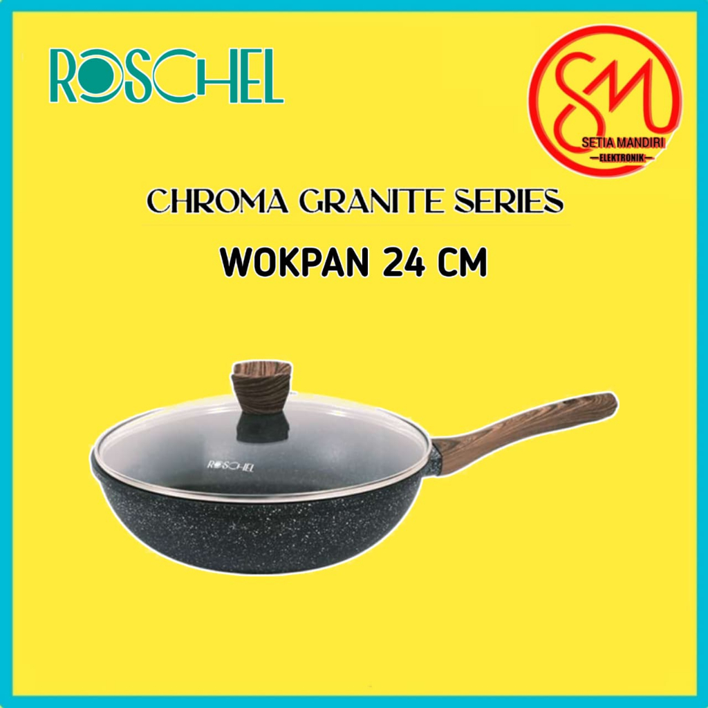 Roschel Chroma Granite Wok Pan 24 cm , 28 cm + Tutup Kaca Greblon C3 German Coating Wajan
