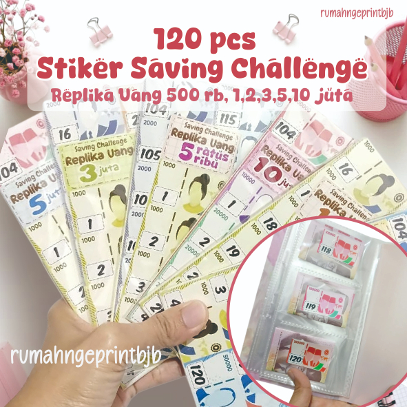 120 pcs Stiker Saving Challenge Replika Uang 500 rb, 1, 2, 3,5, 10 juta
